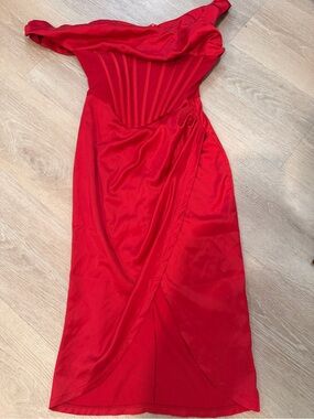 Red Off-Shoulder Midi Dress with Draped Wrap Skirt